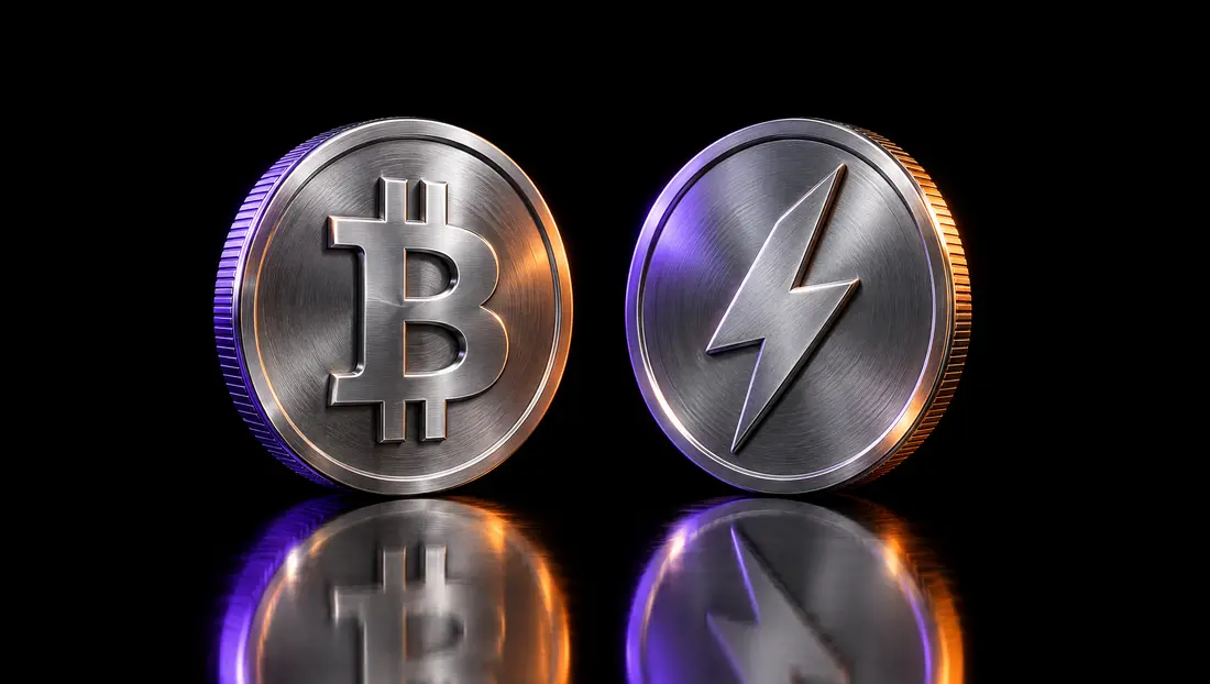 Dos monedas de metal: bitcoin y lightning