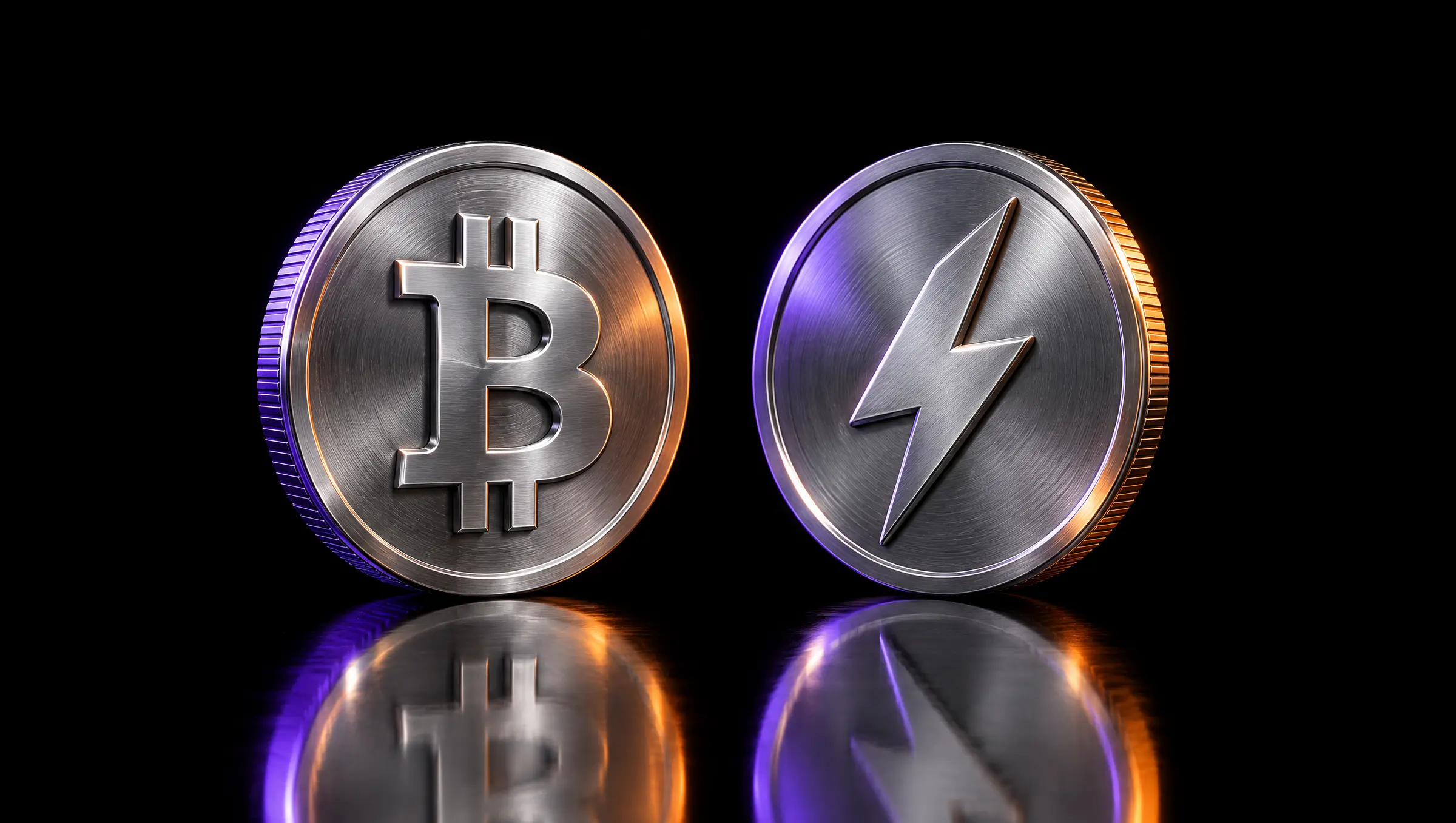 Two metal coins: Bitcoin and Lightning