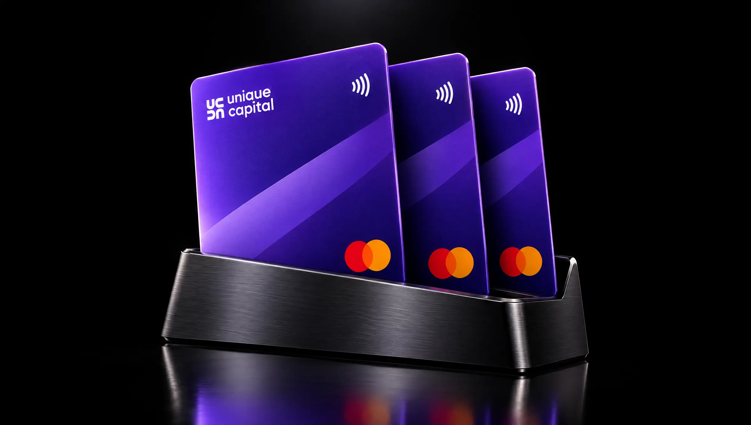 Three violet Unique Capital Mastercard cards on a metal stand