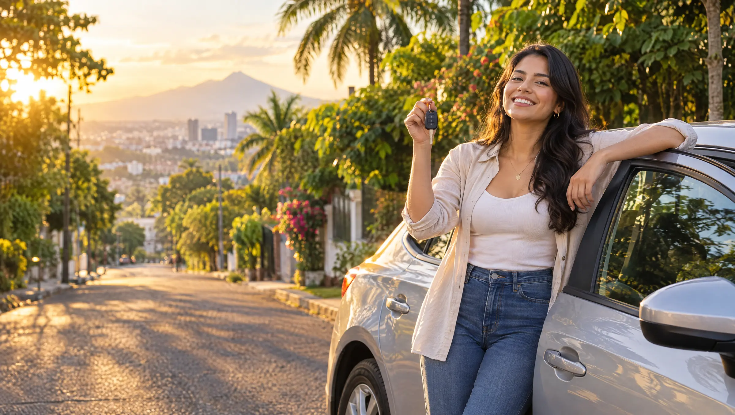 A woman smiles holding the keys to her new car