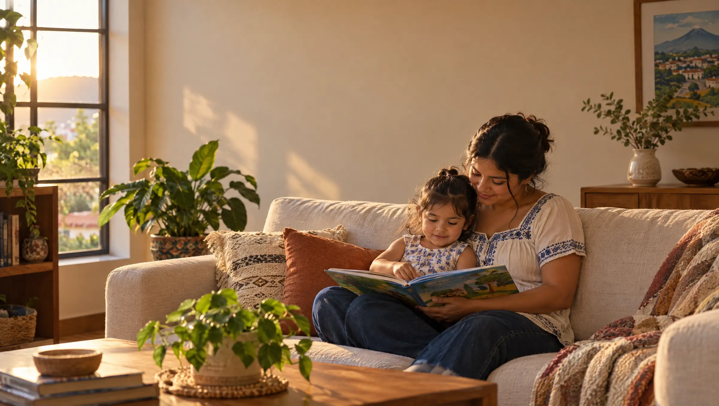 A mother reads a story to her daughter in their living room