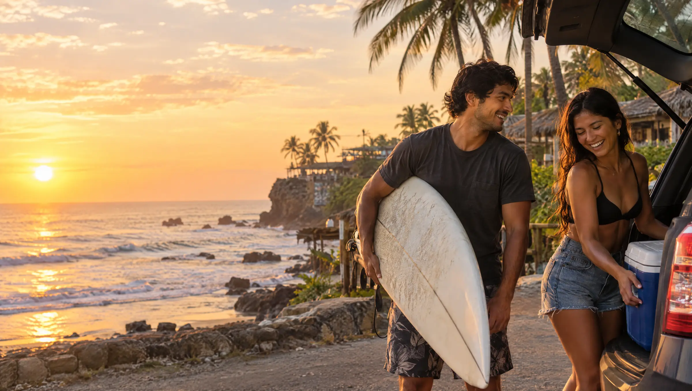 A couple loads a surfboard onto their car by the sea at sunset