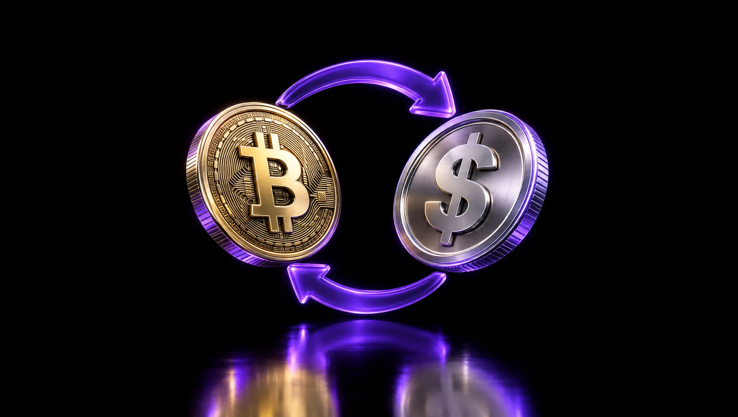 Una moneda de bitcoin y una de dólar en metal, unidas por flechas violeta
