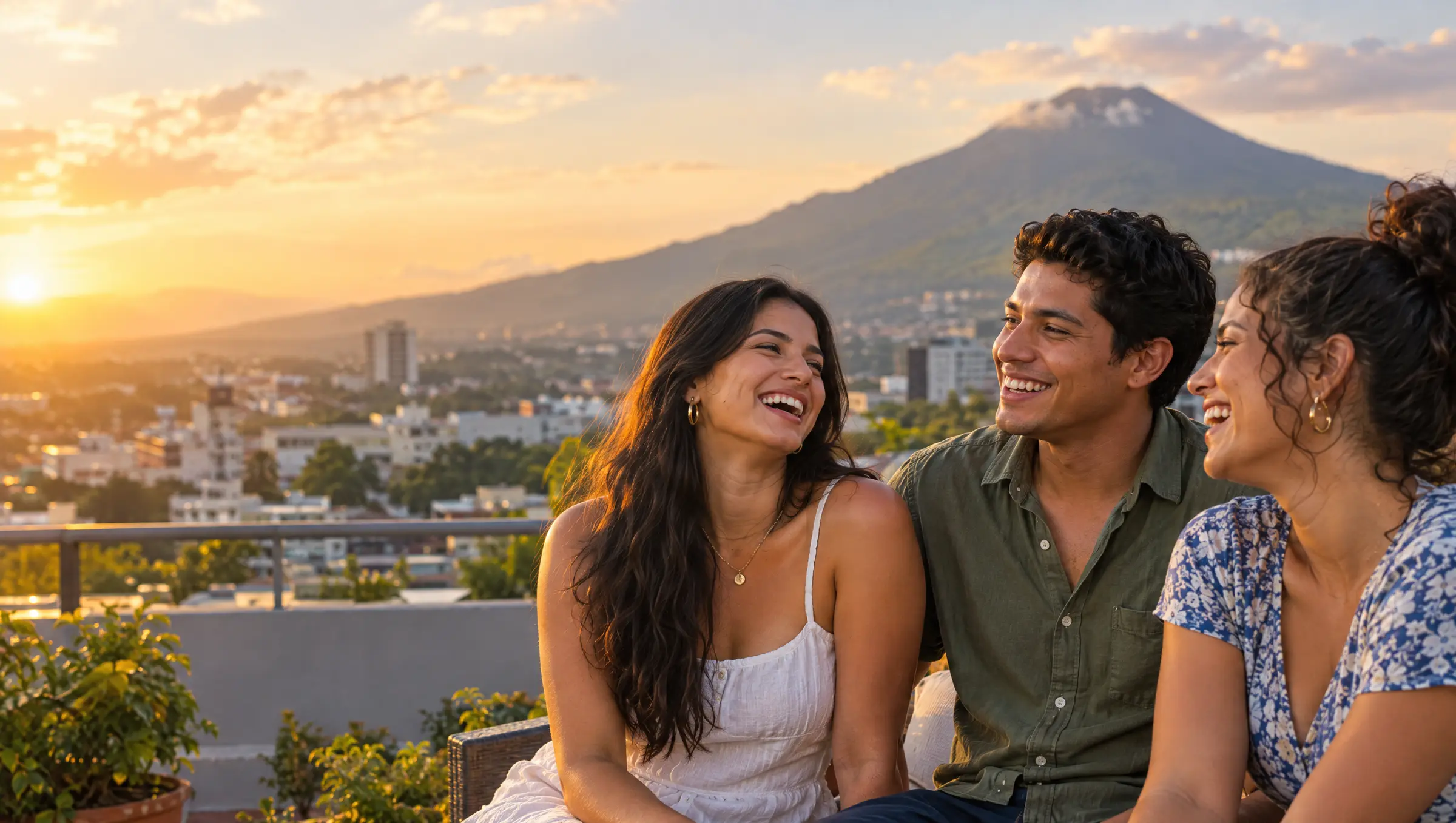 Tres amigos ríen en una terraza de San Salvador al atardecer, con el volcán al fondo