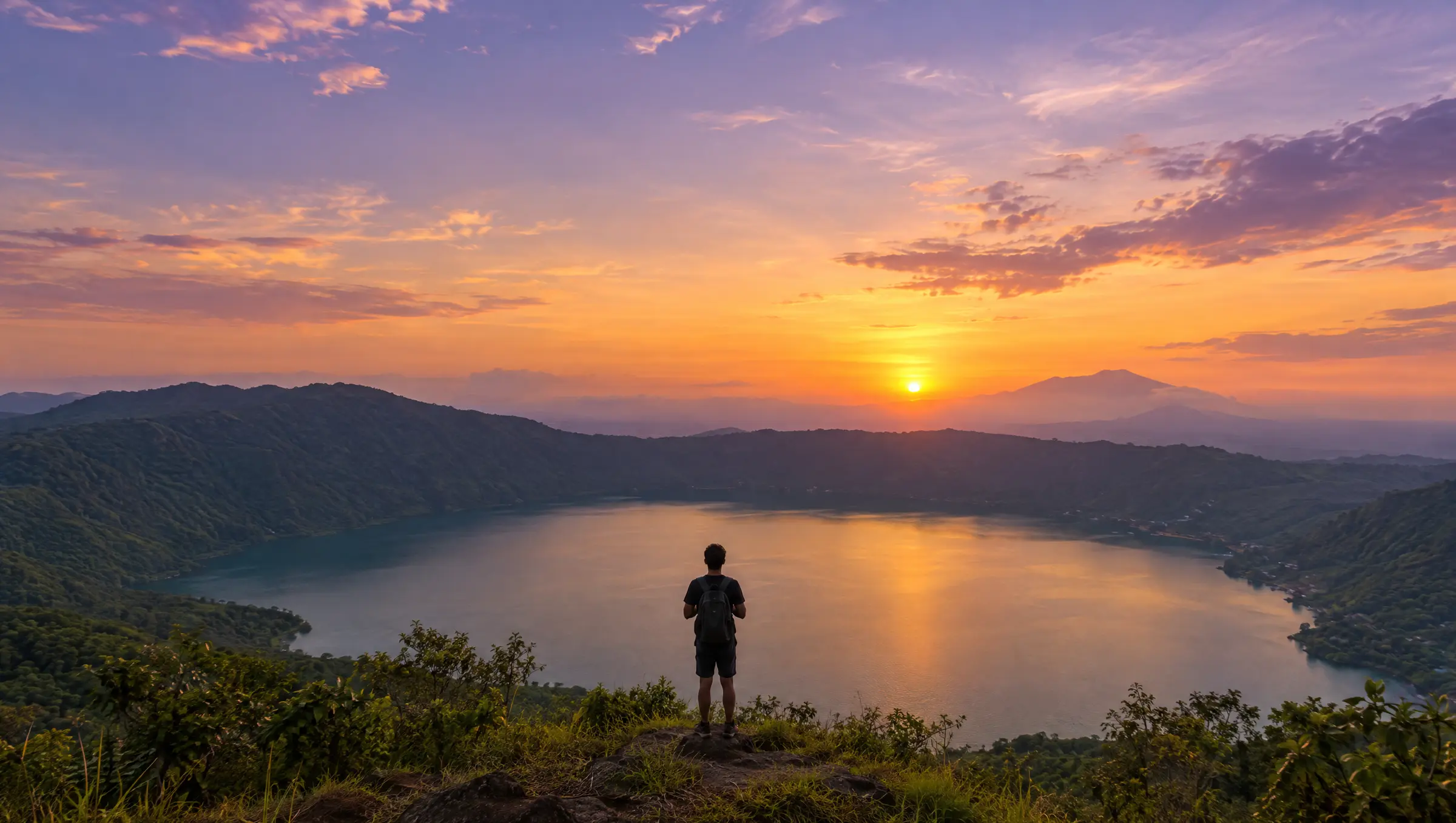 A person watches the sunset over Lake Coatepeque